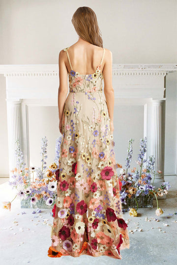 A Line Spaghetti Straps Champagne Long Prom Dress with Appliques